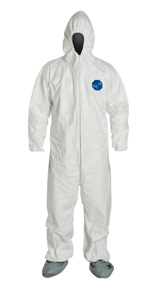 COVERALL LARGE TYVEK WHITE W/ ATTACHED HOOD AND SOCKS